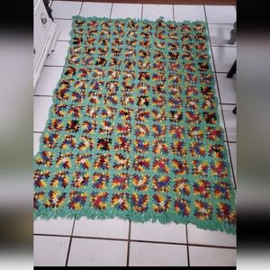 Handmade rainbow  granny square crocheted afghan with fringe 70" × 48